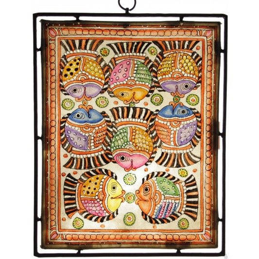 A school of vibrant fish on leather